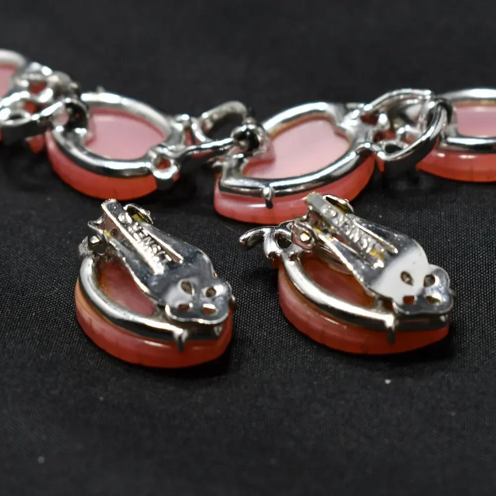 Lisner Pink Lucite Bracelet & Earrings Set Silver Tone 1950s Vintage Jewelry